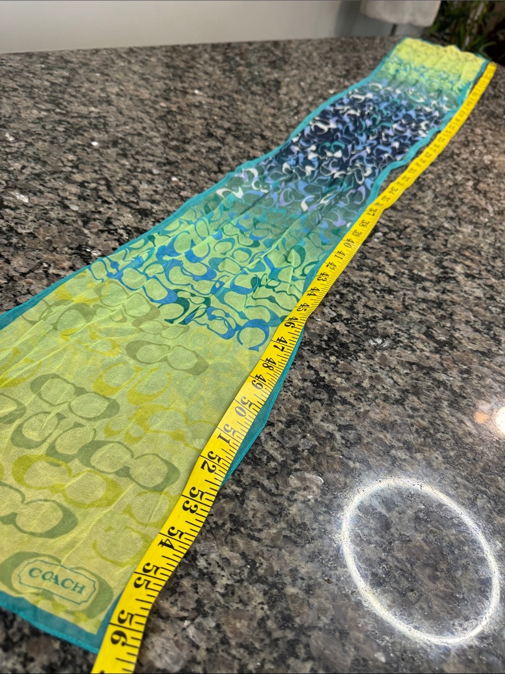 Coach silk Lime Green and Teal Logo Print Scarf - Picture 7 of 12